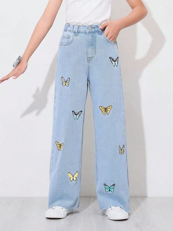 Women's butterfly print wide-leg jeans in light blue, front view
