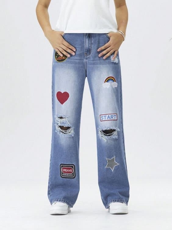 Women's patched wide-leg jeans in sky blue, front view