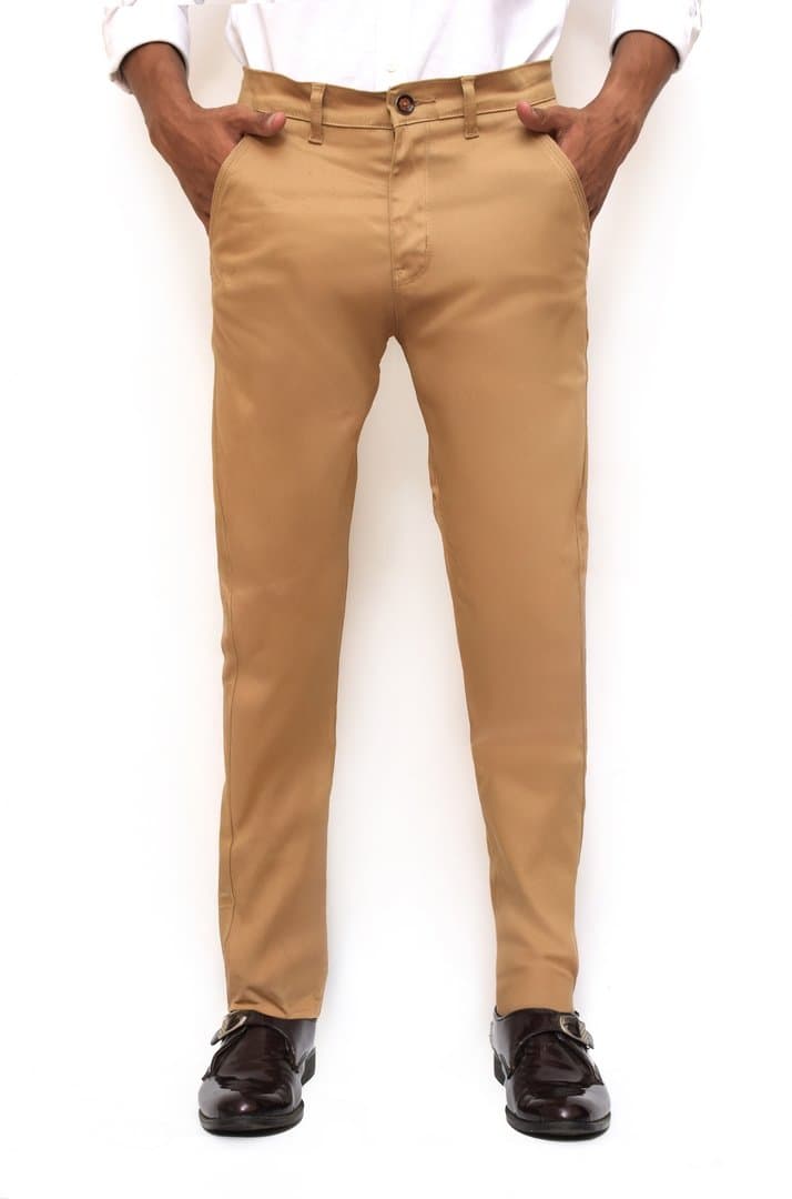 Men's slim stretch chinos in khaki, front view