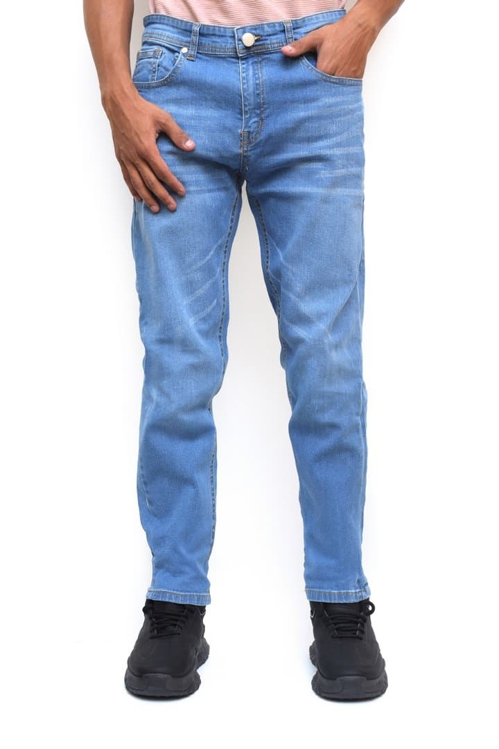 Men's slim stretch jeans in sky blue, front view