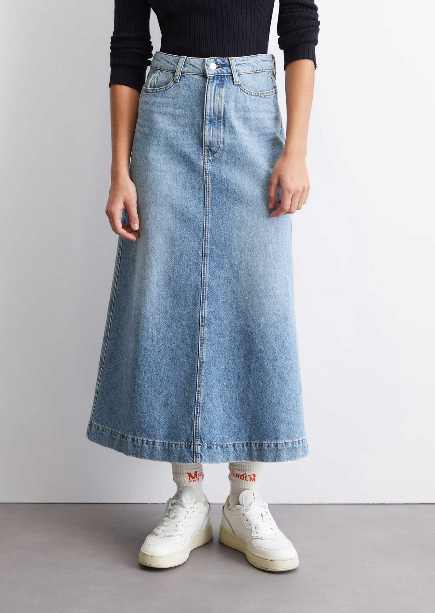 Women's denim maxi skirt in medium blue, front view